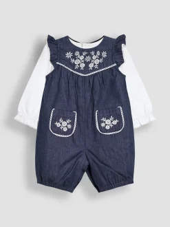 JoJo Maman Bébé Embroidered Chambray Dungarees & Top Set