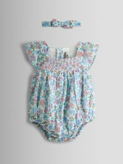 JoJo Maman Bébé Floral Smocked Bubble Romper and Headband Set