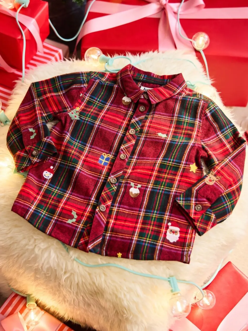 JoJo Maman Bébé geborduurd Ruit Kerstmis overhemd