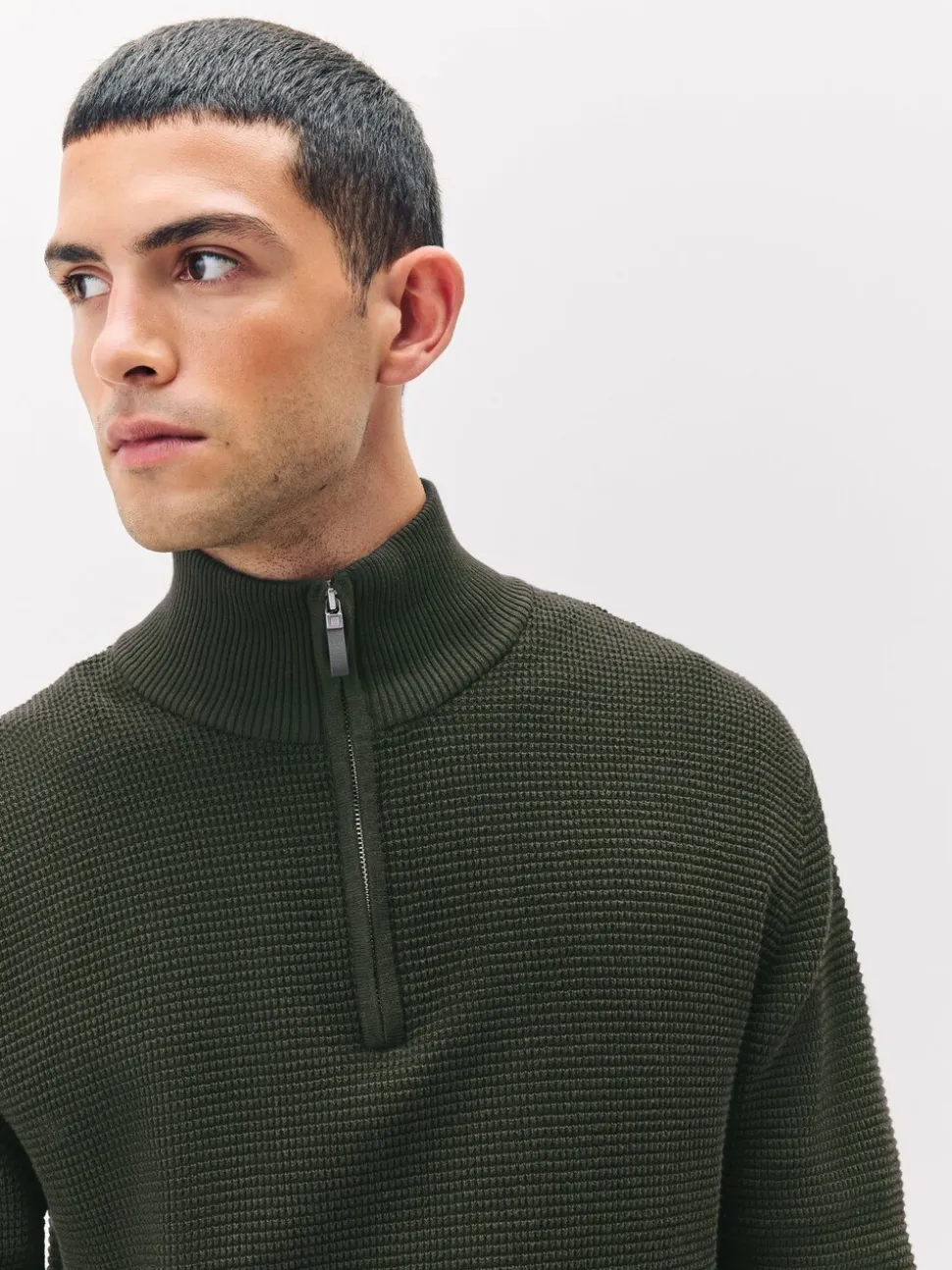 Kakigroen - Effen - Regular Fit Cotton Rich Textured Premium Quarter Zip Jumper
