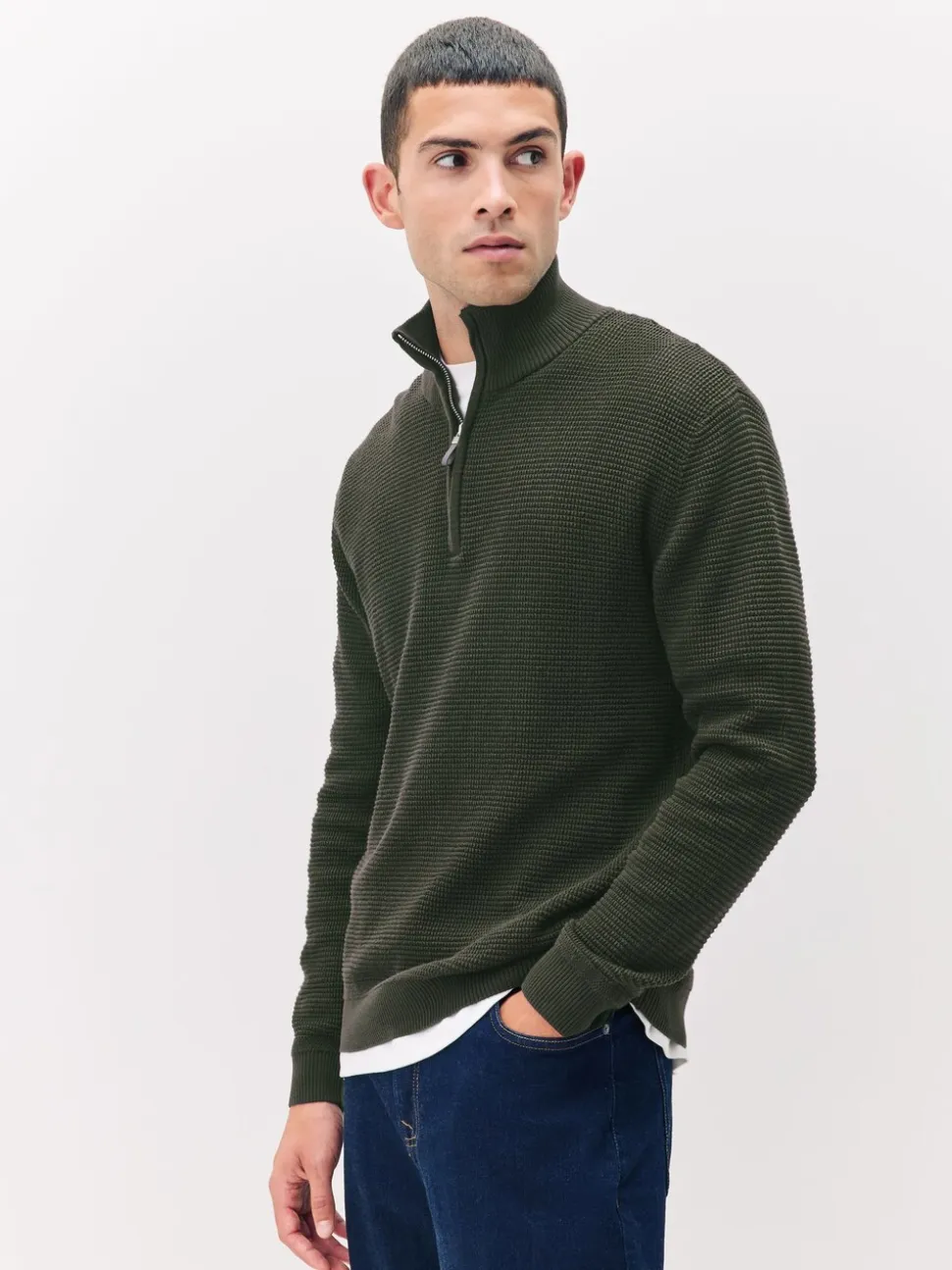 Kakigroen - Effen - Regular Fit Cotton Rich Textured Premium Quarter Zip Jumper