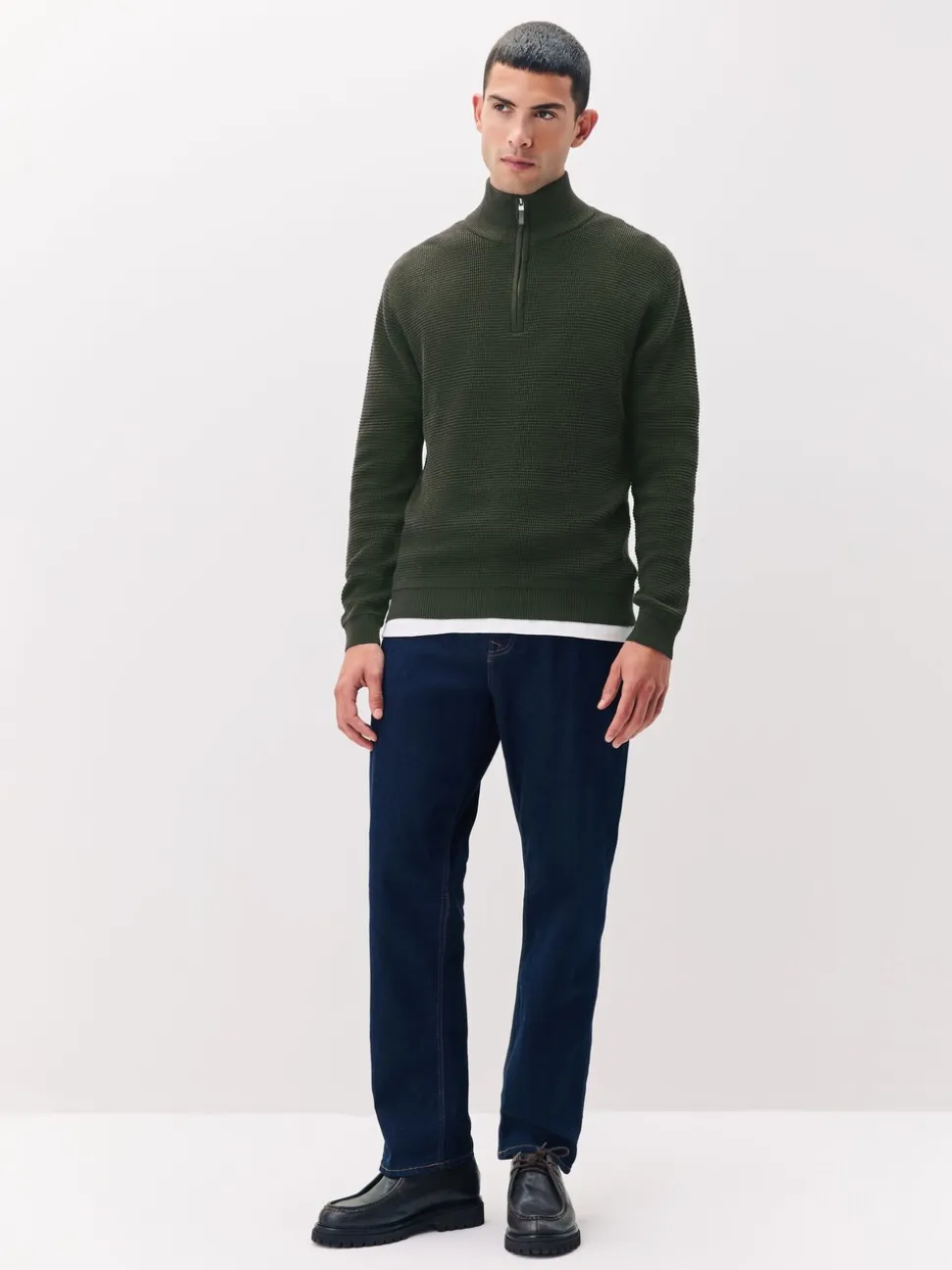 Kakigroen - Effen - Regular Fit Cotton Rich Textured Premium Quarter Zip Jumper