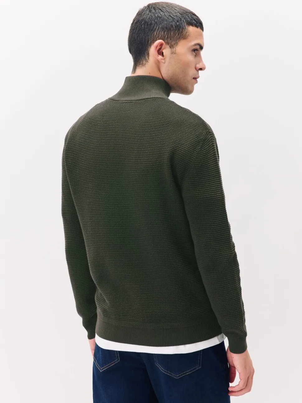 Kakigroen - Effen - Regular Fit Cotton Rich Textured Premium Quarter Zip Jumper