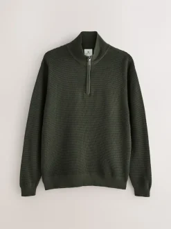 Kakigroen - Effen - Regular Fit Cotton Rich Textured Premium Quarter Zip Jumper
