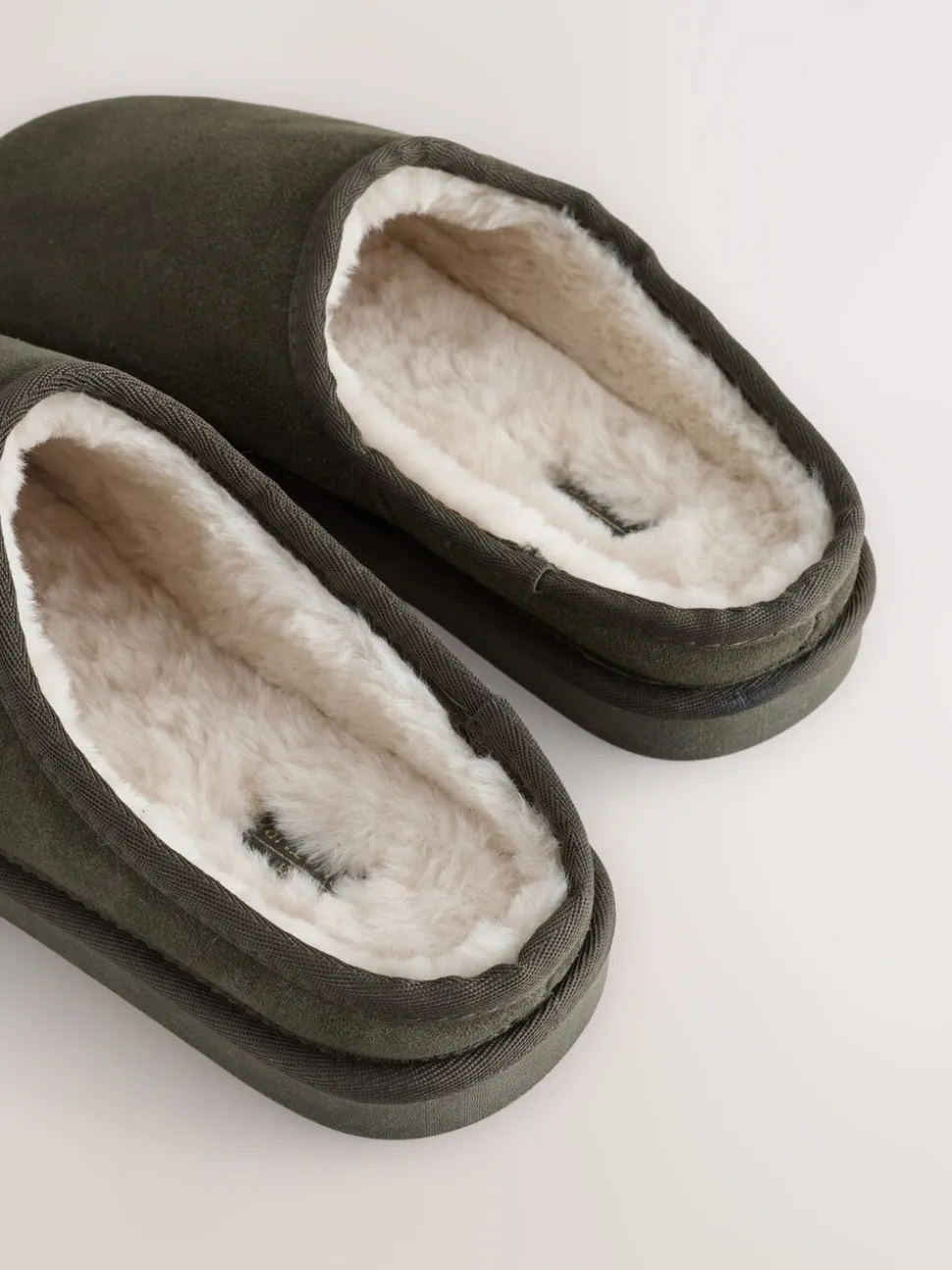 Kakigroen - Met imitatiebont gevoerde Signature suède pantoffelmuiltjes