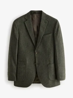 Kakigroen - Normale Pasvorm - Blazer met visgraatmotief en hoog wolgehalte