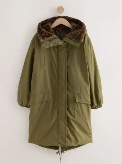 Kakigroen - Parka met imitatiebontvoering met dierenprint