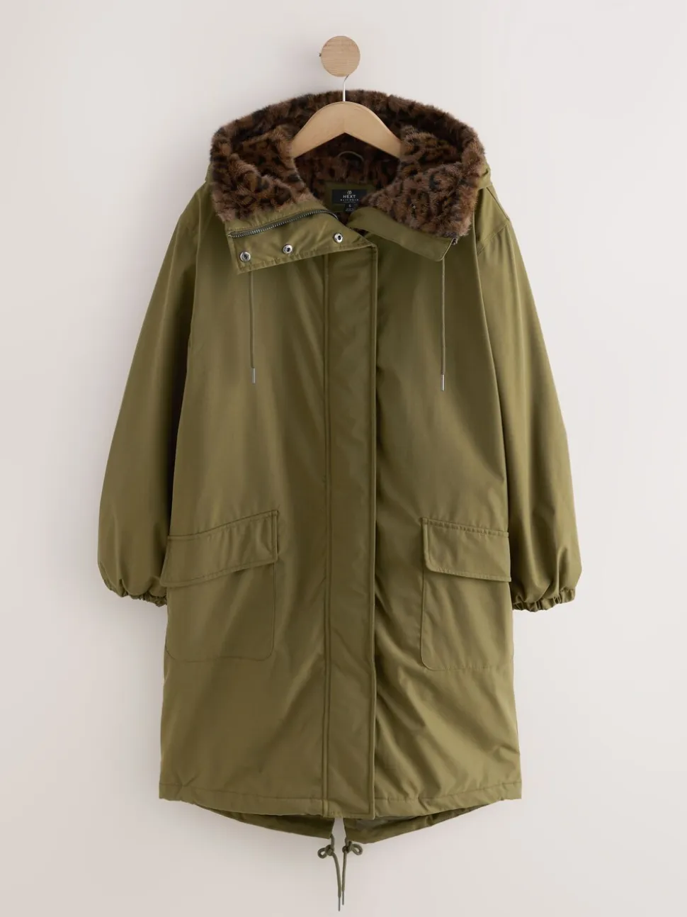 Kakigroen - Parka met imitatiebontvoering met dierenprint