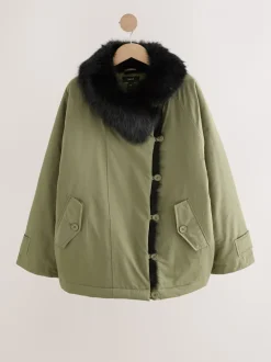 Kakigroen - Parka with Contrast Faux Fur Trim