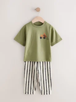 Kaki/groen - Set van 3 T-shirts met korte mouwen en joggingbroeken (3mnd -7jr)