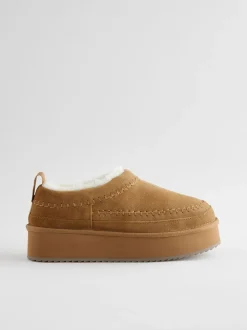 Kastanjebruin - Leather Cosy Borg Lined Slip-On Shoes