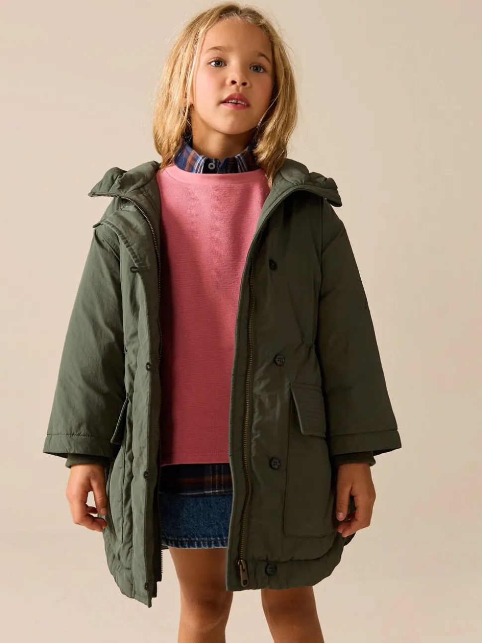Khaki - Regenbestendige gewatteerde parka (5-13jr)