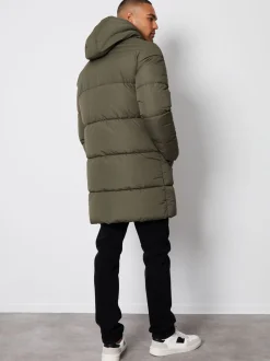 Khaki - Threadbare - Regenbestendige lange gewatteerde jas met capuchon