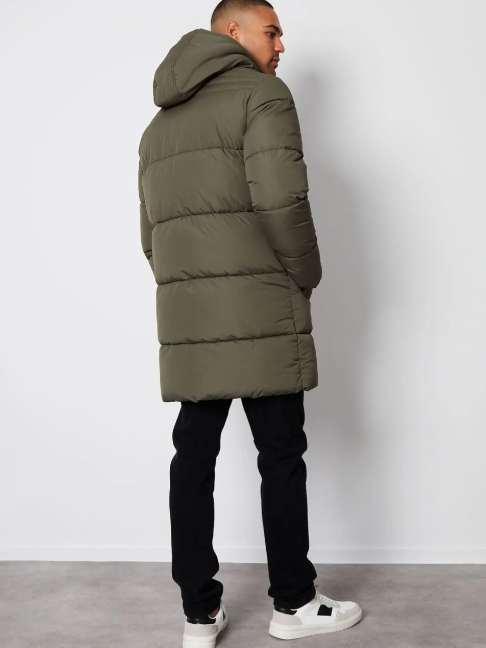 Khaki - Threadbare - Regenbestendige lange gewatteerde jas met capuchon