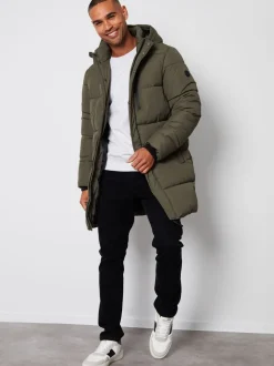 Khaki - Threadbare - Regenbestendige lange gewatteerde jas met capuchon