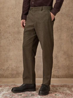 Khaki Green Herringbone - Regular Fit Smart Brushed Cotton Trousers