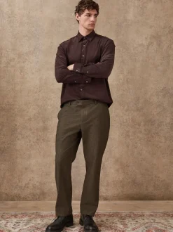 Khaki Green Herringbone - Regular Fit Smart Brushed Cotton Trousers
