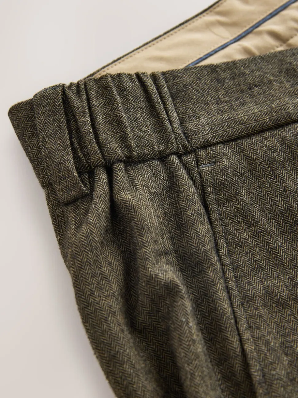 Khaki Green Herringbone - Regular Fit Smart Brushed Cotton Trousers