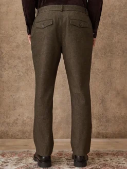 Khaki Green Herringbone - Regular Fit Smart Brushed Cotton Trousers