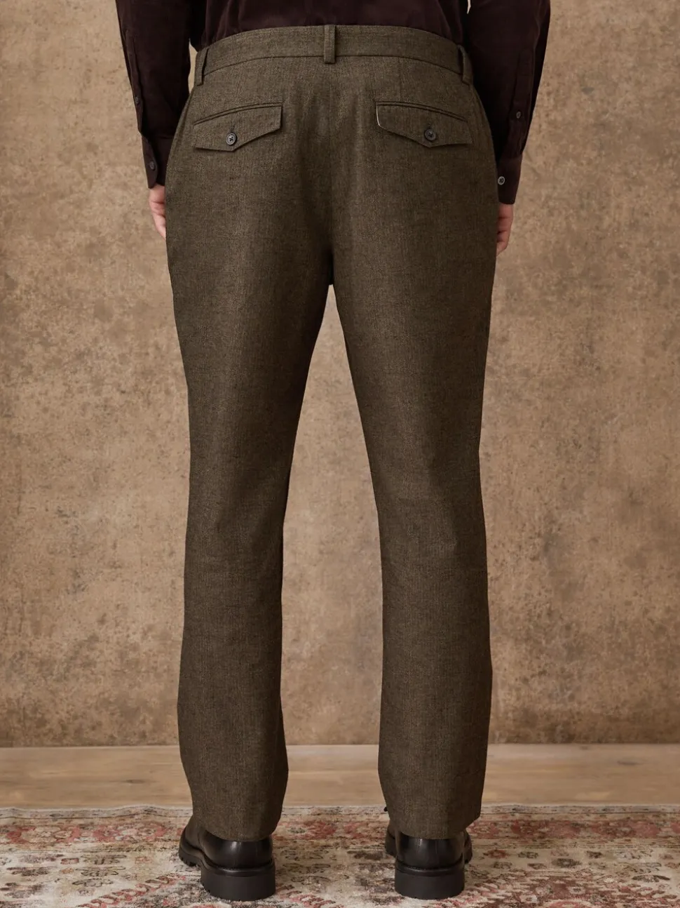 Khaki Green Herringbone - Regular Fit Smart Brushed Cotton Trousers