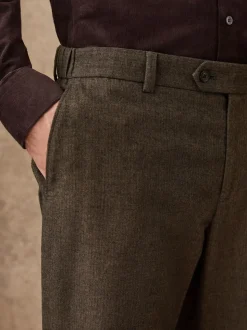 Khaki Green Herringbone - Regular Fit Smart Brushed Cotton Trousers