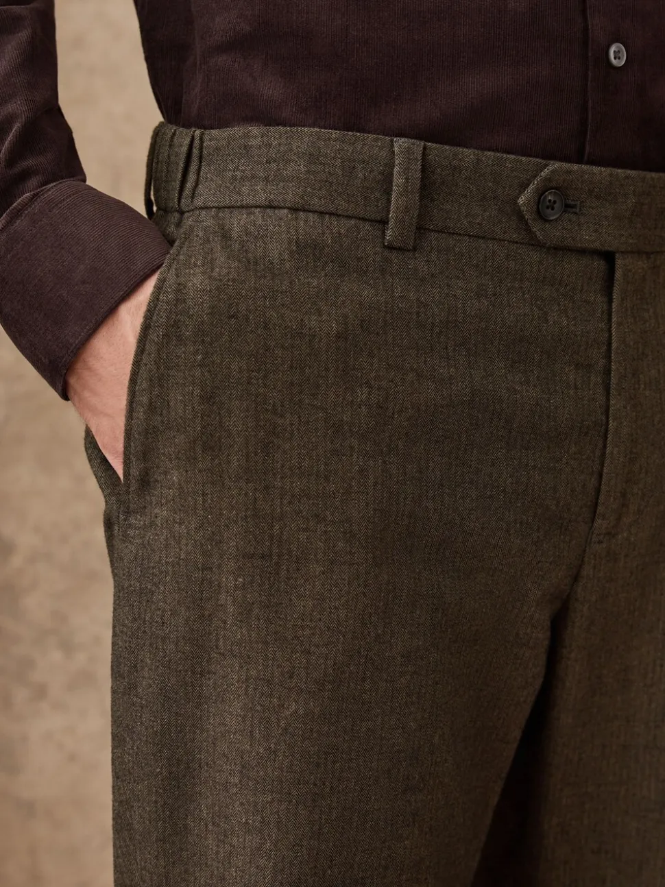 Khaki Green Herringbone - Regular Fit Smart Brushed Cotton Trousers