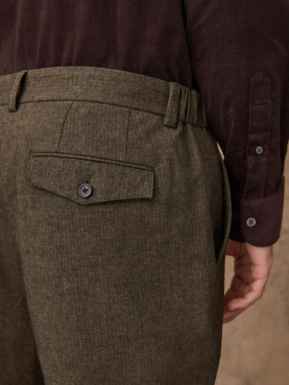 Khaki Green Herringbone - Regular Fit Smart Brushed Cotton Trousers