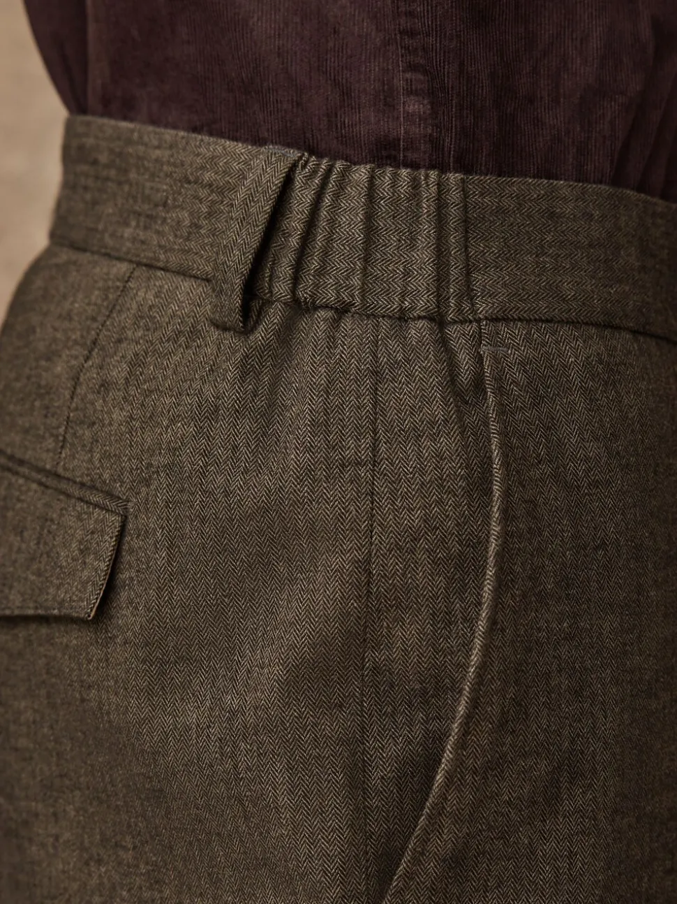 Khaki Green Herringbone - Regular Fit Smart Brushed Cotton Trousers