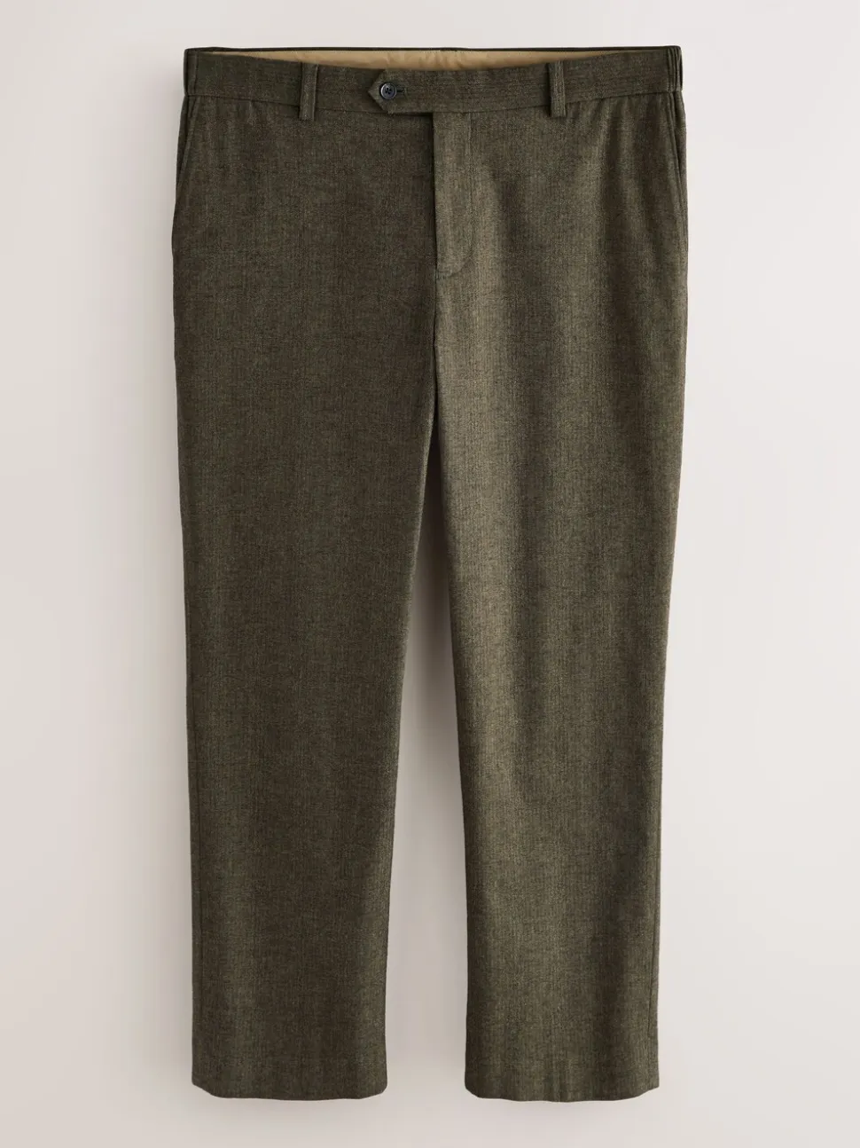 Khaki Green Herringbone - Regular Fit Smart Brushed Cotton Trousers