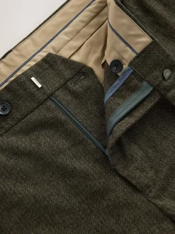 Khaki Green Herringbone - Regular Fit Smart Brushed Cotton Trousers