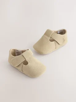 Kiezelkleurig suède - Leren babyschoen met T-bandje (0 - 24 mnd)