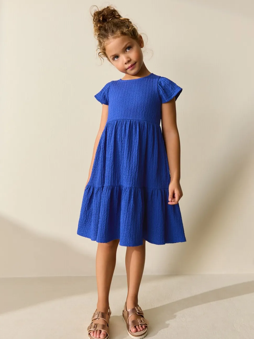 Kobaltblauw - Angel Sleeve Crinkle Dress (3-16yrs)