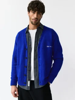Kobaltblauw - Regular Fit Embroidered Chest Motif Cardigan