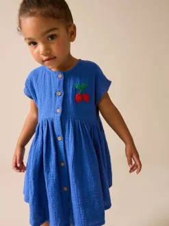 Kobaltblauw - Textured Short Sleeve Dress (3mths-8yrs)
