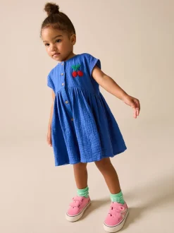 Kobaltblauw - Textured Short Sleeve Dress (3mths-8yrs)