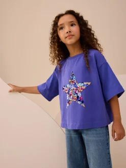 Kobaltblauw - T-shirt met sterren en pailletten (3-16jr)