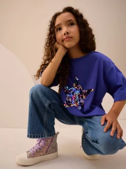 Kobaltblauw - T-shirt met sterren en pailletten (3-16jr)