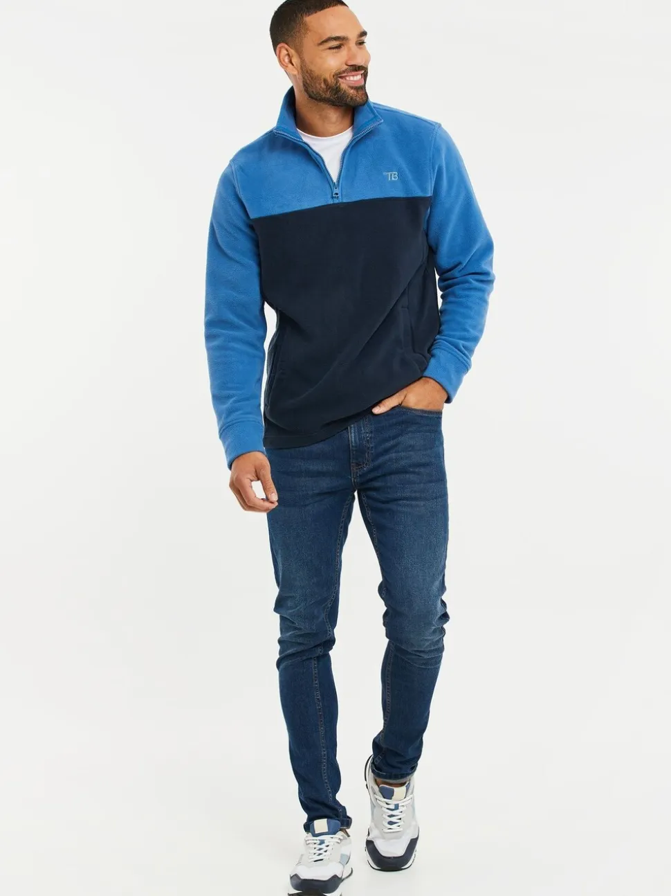 Kobaltblauw/marineblauw - Threadbare tweekleurige fleece sweatshirt met kwartrits