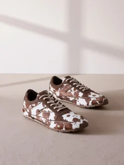 Koeienprint - Slim Premium Leren Trainers met Vetersluiting
