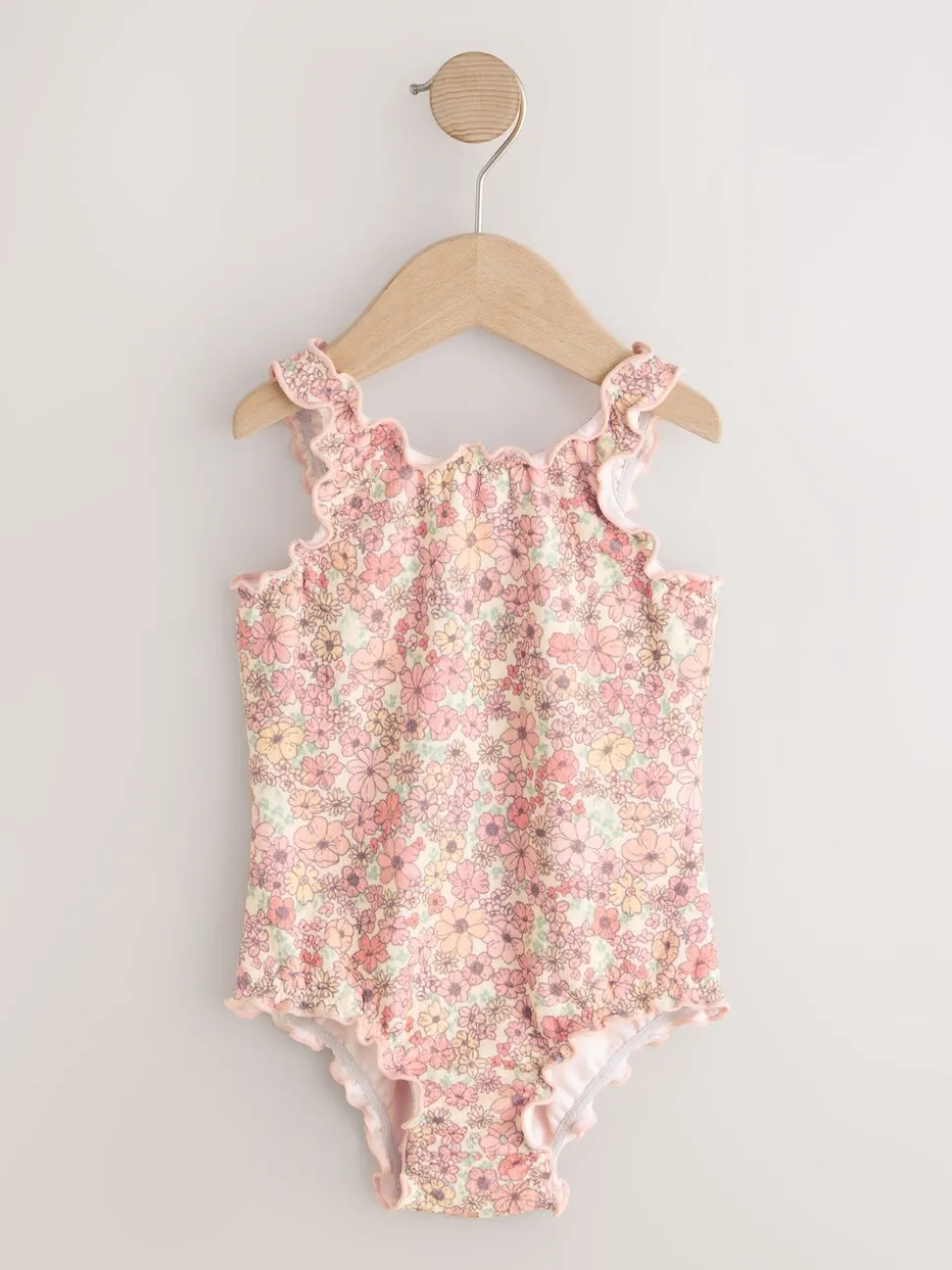 Koraalroze met fijne bloemenprint - Lettuce Edge Swimsuit (3mths-7yrs)