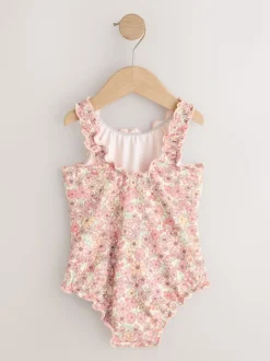 Koraalroze met fijne bloemenprint - Lettuce Edge Swimsuit (3mths-7yrs)