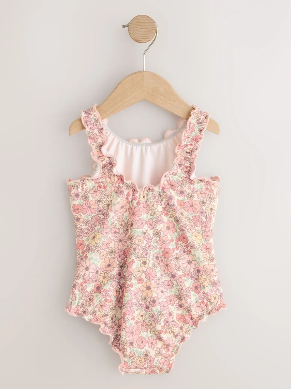 Koraalroze met fijne bloemenprint - Lettuce Edge Swimsuit (3mths-7yrs)
