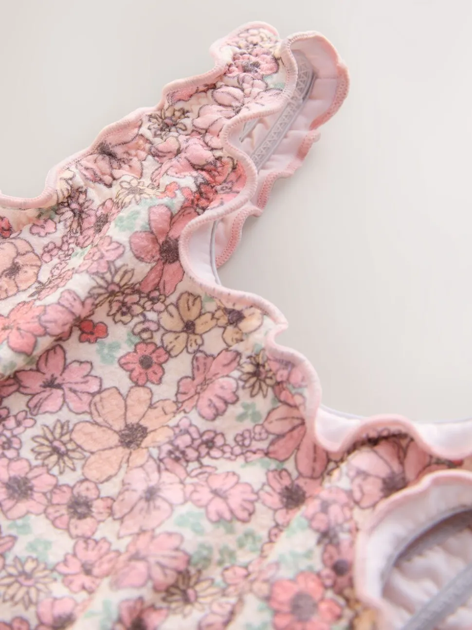 Koraalroze met fijne bloemenprint - Lettuce Edge Swimsuit (3mths-7yrs)