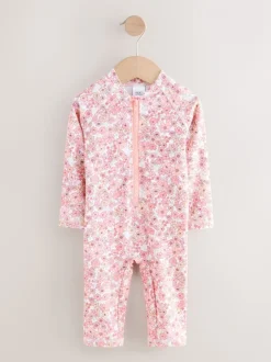 Koraalroze met fijne bloemenprint - Zonbeschermend badpak met lange pijpen (3 mnd-7 jr)