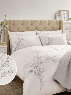 Laura Ashley 100% katoen perkal 200 draadtelling Pussy Willow Sprig geborduurd dekbedovertrek en kussensloopset