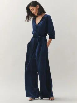 Laura Ashley Velvet Elasticated Waist Wide Leg Party Jumpsuit