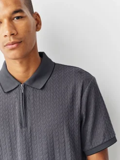 Leisteen grijs - Slim Fit - Net jacquard poloshirt