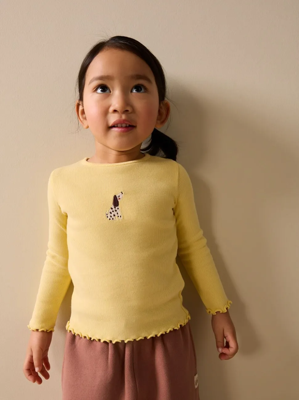 Lemon Yellow Dog - Long sleeve Embroidered Ribbed Top (3mths-7yrs)