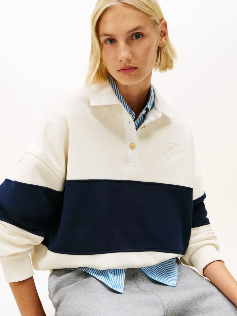 Licht beige - Tommy Hilfiger goudkleurig relaxed rugby-sweatshirt met knopen