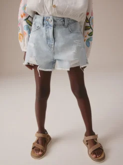 Lichtblauw - 100% katoenen shorts met gerafelde rand (3-16jr)